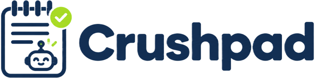 Crushpad logo: a notepad and a friendly agent with a verified check